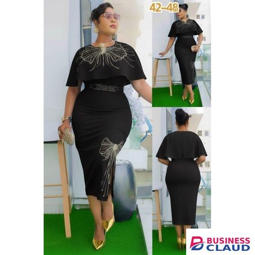 Black Butterfly Overflowing Collar Bosslady Multi Color Bottom Women's Official Midi Slit Body Hugging Dress