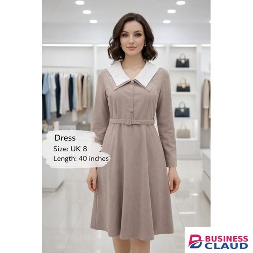 Women’s Long Sleeve Belted A-Line Midi Shirt Dress with Contrast Collar – Office & Formal Wear (UK 8, 40 Inches)