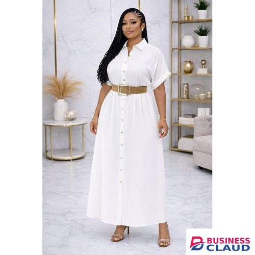 Women’s Elegant White Maxi Shirt Dress with Belt – Button-Down Long Dress