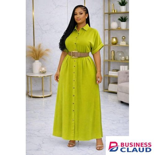 Women’s Lime Green Maxi Shirt Dress with Belt – Elegant Button-Down Long Dress