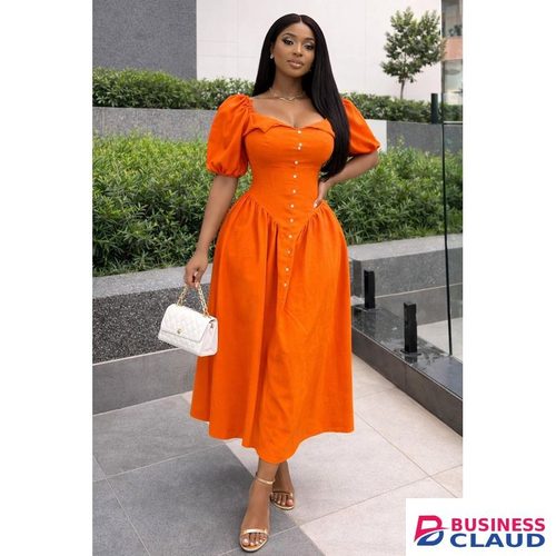 Classy Sweetheart Neck Elegant Puff Sleeve Button-Front Maxi Dress Flared Fit for Women- Orange
