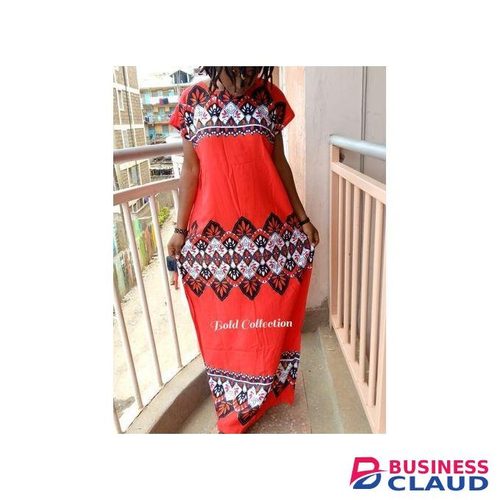 African Floral Sparkle Cotton Red Maxi Dera Dress(Size8/10/12)