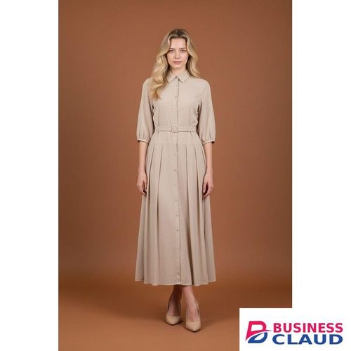 Ladies Long Shirt Dress With a belt/Stylish Maxi Dress -Beige