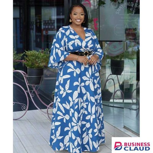 Blue Keluummi Curvy Women Formal Floral V Neck 3/4 Sleeve A Line Long Party Dress