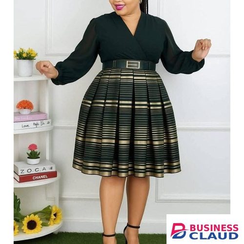 Elegant Goldline Office Midi Dress for Office and work V-shaped with a Belt size M-3XL