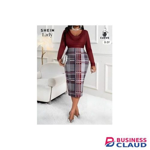 CALLIARA Lady Plus Size Burgundy Cowl Neck Long Sleeve Plaid Patchwork Bodycon Midi Dress, European & American Style Commute & Banquet Slim Fit Dress
