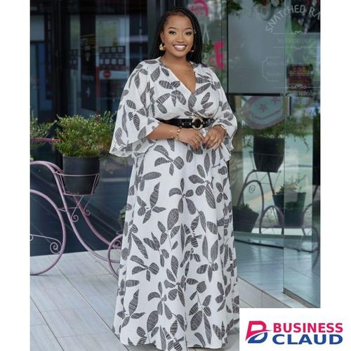 White Keluummi Curvy Women Formal Floral V Neck 3/4 Sleeve A Line Long Party Dress