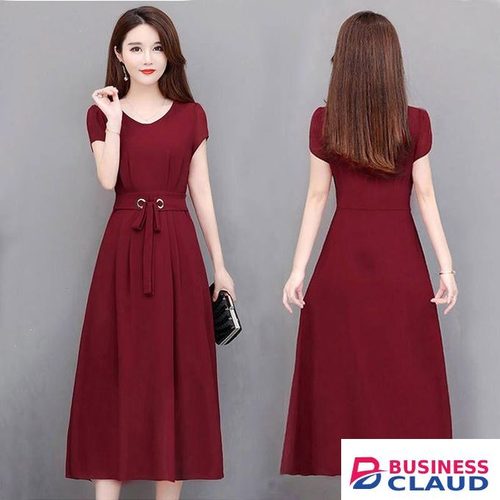 Women's Dress With Short-sleeved Medium-length Over-the-knee Mid-length Dress With A Belt