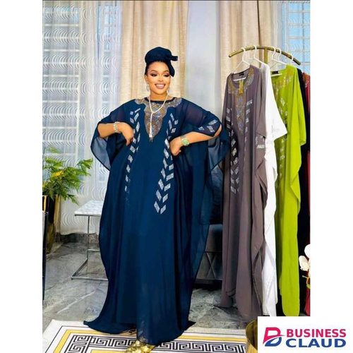 Blue Talipa African Loose Kaftan Scarf 3-piece Chiffon Long sleeve Dashiki Dress