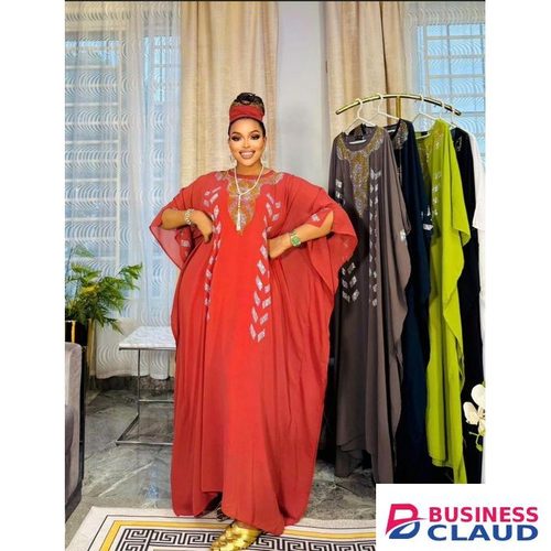 Red Talipa African Loose Kaftan Scarf 3-piece Chiffon Long sleeve Dashiki Dress