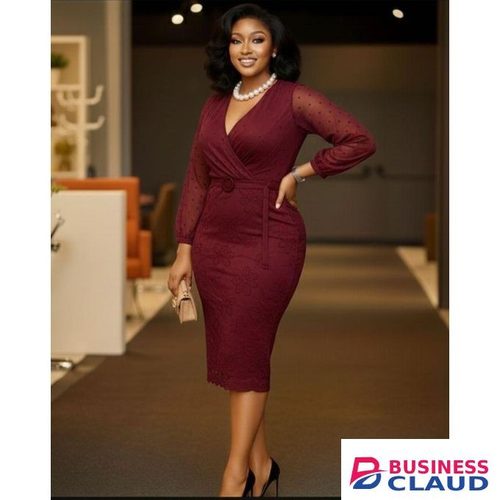 Maroon Toyo Elegant Lace Women's V-neck Full Lace Arms Midi Gown, Sexy Net dress