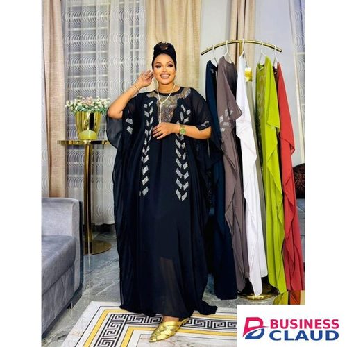 Black Talipa African Loose Kaftan Scarf 3-piece Chiffon Long sleeve Dashiki Dress