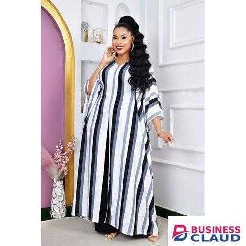 Black Cheruto African Loose Stripped Kaftan Scarf 3-piece Chiffon Long sleeve Dashiki Dress + Loose Pant Set