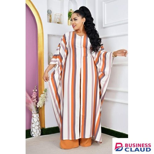 Orange Cheruto African Loose Stripped Kaftan Scarf 3-piece Chiffon Long sleeve Dashiki Dress + Loose Pant Set