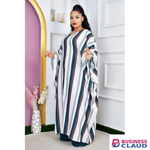 Teal Blue Cheruto African Loose Stripped Kaftan Scarf 3-piece Chiffon Long sleeve Dashiki Dress + Loose Pant Set