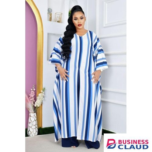 Sky Blue Cheruto African Loose Stripped Kaftan Scarf 3-piece Chiffon Long sleeve Dashiki Dress + Loose Pant Set