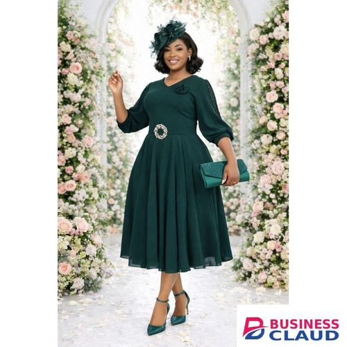 Plus Size Ladies semi Turkey Green Chiffon Skater Dress