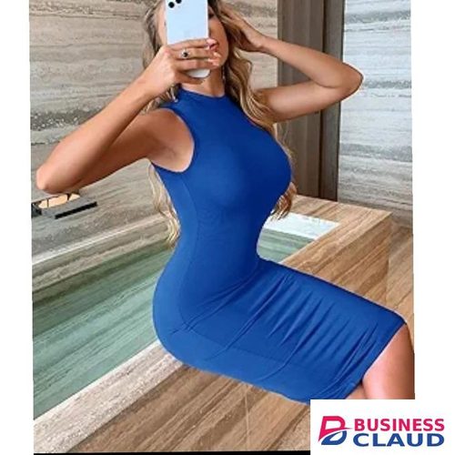 Stylish Mock Neck Sleeveless Bodycon Dress-Royal Blue