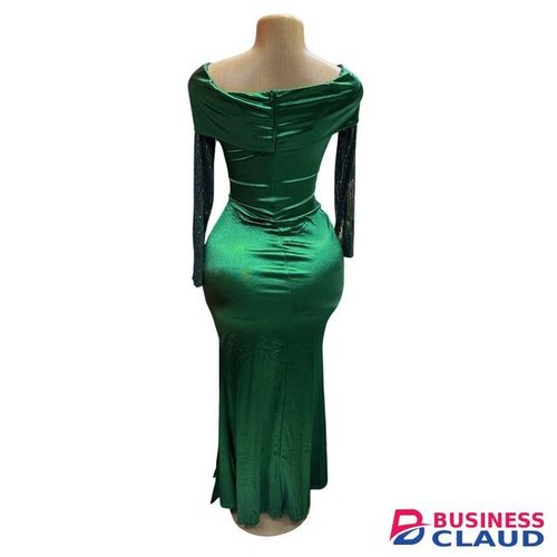 LONGSLEEVED GREEN SATIN DRESS,WEDDING GOWNS