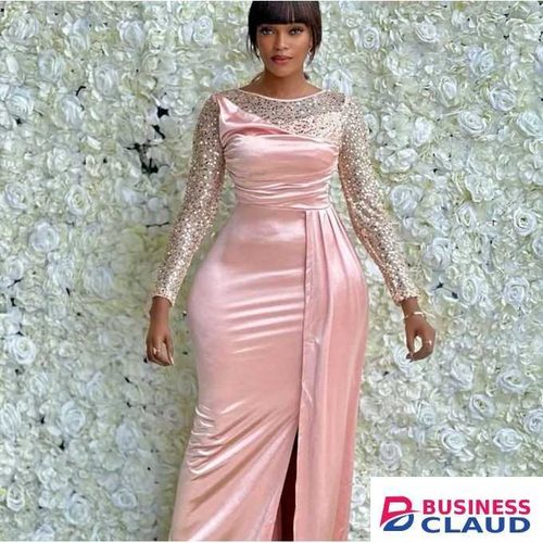 LONGSLEEVED PEACH SATIN DRESS,WEDDING GOWNS