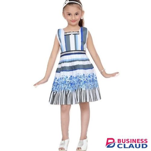 Ceemee Sleeveless Blue Cotton Dress With Floral Pattern