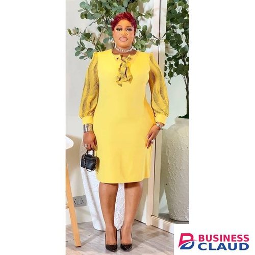 Yellow Katile Elegant Executive Collar Bow Lace Tie & Fance Lace Long Boss lady Dress