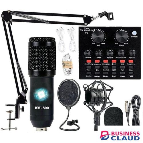 BM800 Condenser Microphone with V8 Sound Card – USB Plug & Play Mic for Podcast, Music Production, YouTube, and Content Creation