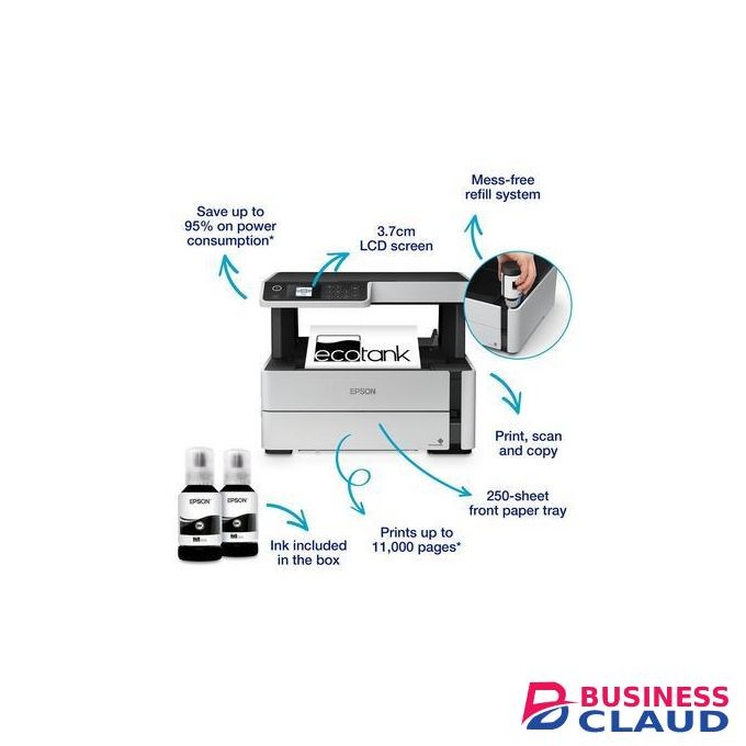 Epson EcoTank M2170 Monochrome A4 Inkjet All-in-One Printer – Print, Scan, Copy, Auto Duplex, Wi-Fi, Wi-Fi Direct, Ethernet, Refillable Ink Tank, USB 2.0, Flatbed Scanner, White, 1-Year Warranty