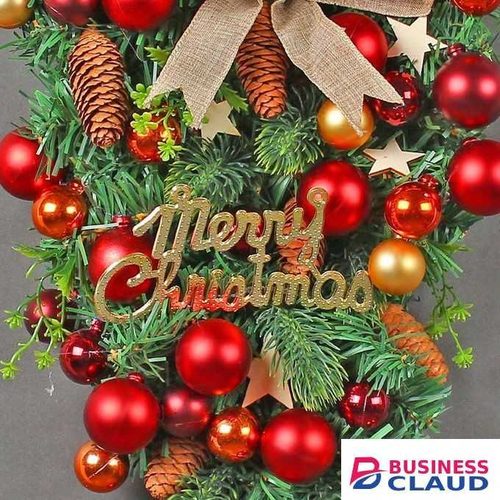 Christmas Red Triangle Wreath Front Door Hanging Artificial Pine Needle Garland Teardrop Swag with Berries, Cones, and Ribbon Bow – 47x27cm PVC Holiday Decoration