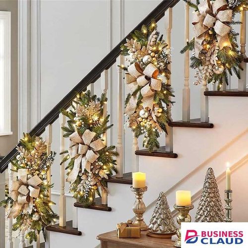 Christmas Swag Wreath Pendants LED Lights Staircase Wreath Ornament Swag Trim Garland Door Window Decoration 60x40cm Battery Powered