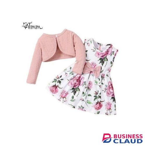 Catpapa 0-3 Years Kid Girl 2PCS Solid Color Ribbed Overcoat With Floral Sleeveless Dress