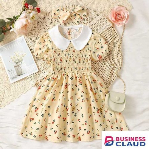 Catpapa Exclusive Perks for Loyal Customers!Dress for 4-7 Years Kid Girl 2pcs Clothes Set Puff Sleeve Peter Pan Collar Floral Princess Dress with Headband Fashion Cute Style Child Girl