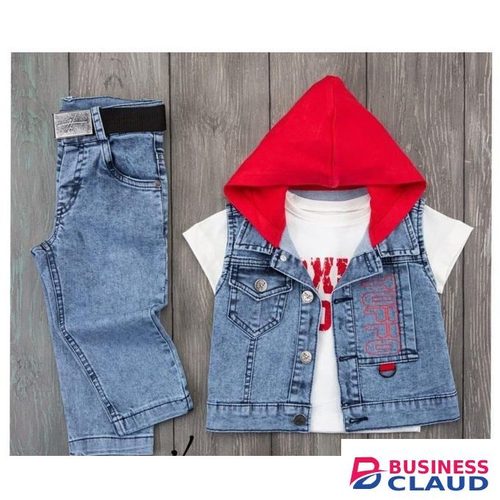 UNIQUE KIDS DENIM HALF COAT, T-SHIRT AND TROUSER 3PCS OUTFIT