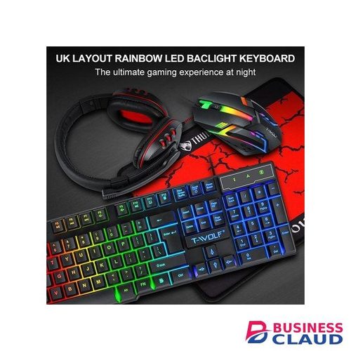 T-WOLF Backlit Wired Gaming Mouse Keyboard Combo Gamer With RGB Backlight (4 In 1)