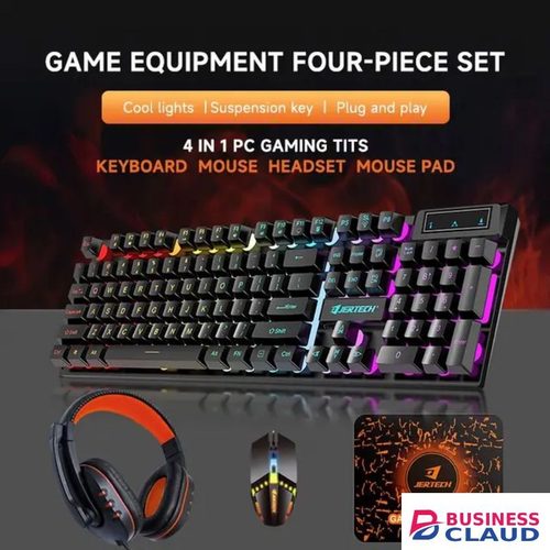 JERTECH Mechanical keyboard and mouse compo rainbow backlit keyboard 4 in 1 gaming Playing keyboard 104 keys with mouse headphone and mouse pad