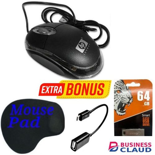 HP Wired Mouse + Free Mouse Pad,FlashDrive 64GB,OTG