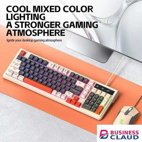 T-WOLF TF330 Wired Gaming Keyboard Mouse Combo Set 98 Keys 7200 DPI Keyboard Mouse with RGB Backlit - Beige + Gray Set