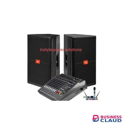 Jbl MIN PUBLIC ADDRESS +2PCS MID SPEAKER+8 CHANNEL POWERED MIXER +WIRELESS MICROPHONE