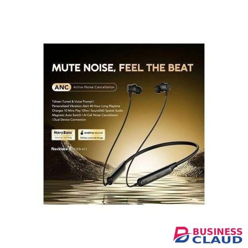 Oraimo Necklace 5 - OEB-611, Tuned noise cancellation, long playtime Up to 40 hours, wireless headphone, 260MAh, 10m,Dual Device connection, IPX4 Water Resistance