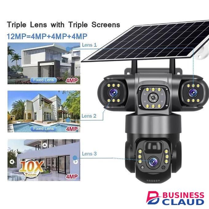 (Simcard) V380 Triple Lens Three Screens Camera Solar Powered - (PIR Human Detection,Colored Night Vision, All Weatherproof, Security Video IP Camara 4mp Battery CCTV Monitor)