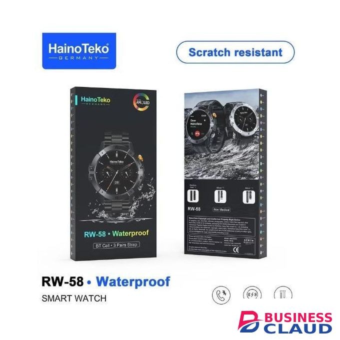Haino Teko RW-58 Waterproof Smartwatch Black – Large AMOLED Display with High Resolution, 3 Interchangeable Straps, Fitness Tracking, Heart Rate Monitor, Sleep Tracking, Long Battery Life, IP68 Water Resistant, Designed for Men, Stylish and Durable Wearab