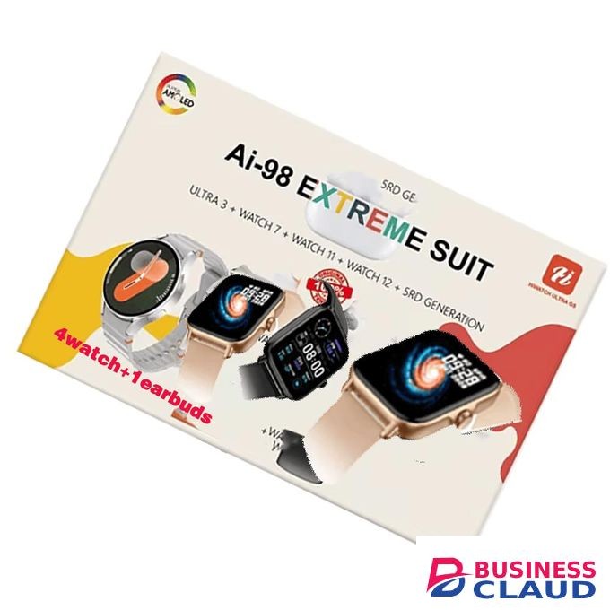 AI-98 Smart Watch Series 4 Pcs Ultra Set with TWS Sport Earbuds, IP67 Waterproof Alloy Case Smartwatch, Wireless Charging, Heart Rate Monitor, Square Display, Silica Gel Strap, Fitness Tracker, Android & iOS Compatible