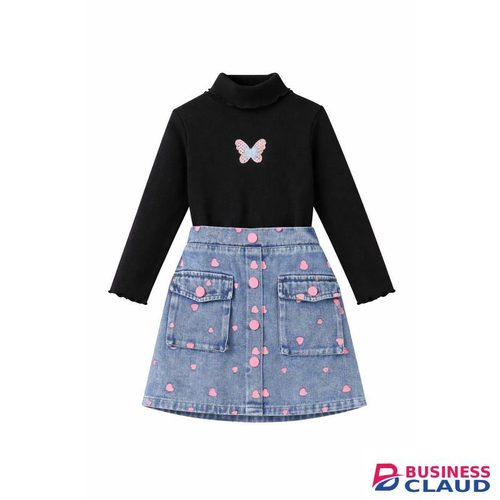 Beautiful Girls 2pc Long-sleeved top with ruffle neck and denim skirt