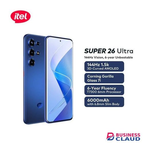 Itel SUPER 26 Ultra, (8GB ROM + 256GB RAM), 6.8" Inch, 144Hz, 3D Curved AMOLED Display, In-display fingerprint scanner, IP65, 6000mAh, Dual sim - Blue