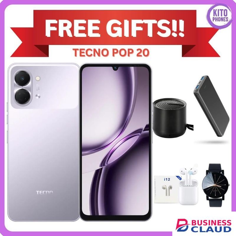Tecno POP 20 128GB STORAGE UPTO 8GB RAM IP64 DUST AND WATER RESISTANCE 120HZ 6.75'' SMOOTH DISPLAY REFRESH RATE DROP RESISTANCE UPTO 1.2M,13MP Camera+Minispeaker+Power bank+Pods+Watch