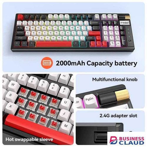 T-WOLF T70 Three mode mechanical keyboard Hot Swappable custom RGB computer gaming keyboard Wireless keyboard with knob, Red Switch