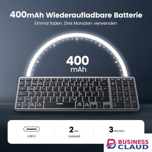 Ugreen Bluetooth Wireless Keyboard (BT5.0+2.4G), Rechargeable Ultra Slim Scissor Keyboard with 4 Channels, Keyboard with Numeric Keypad for MacOS/Windows/Linux/Chrome/iOS/Android QWERTZ Layout