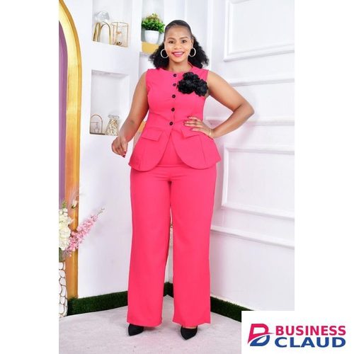 Cotton Elegant Office Chic 2-Piece Ladies Suit Set – Tailored Vest & High-Waist Pants- Hot Pink