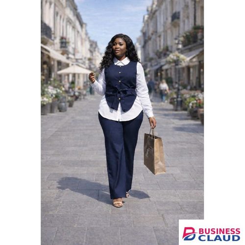 Tailored Ladies Office Suit Elegant & Stylish 3-Piece – vest coat, Shirt & Tailored Pants with cotton Belt- Navy Blue