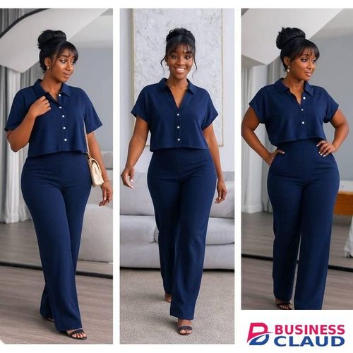 Elegant Two-Piece Women’s Lounge Set – Button Top & Wide-Leg Pants (Navy Blue)
